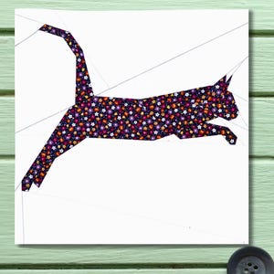 May include: A geometric illustration of a cat in mid-leap, filled with a floral pattern of purple, orange, and white flowers on a dark background. The cat is set against a white backdrop with gray lines.