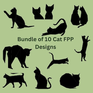 May include: A bundle of 10 black and white cat silhouette designs in a variety of poses, including sitting, standing, and lying down. The text "Bundle of 10 Cat FPP Designs" is displayed in the center of the image.