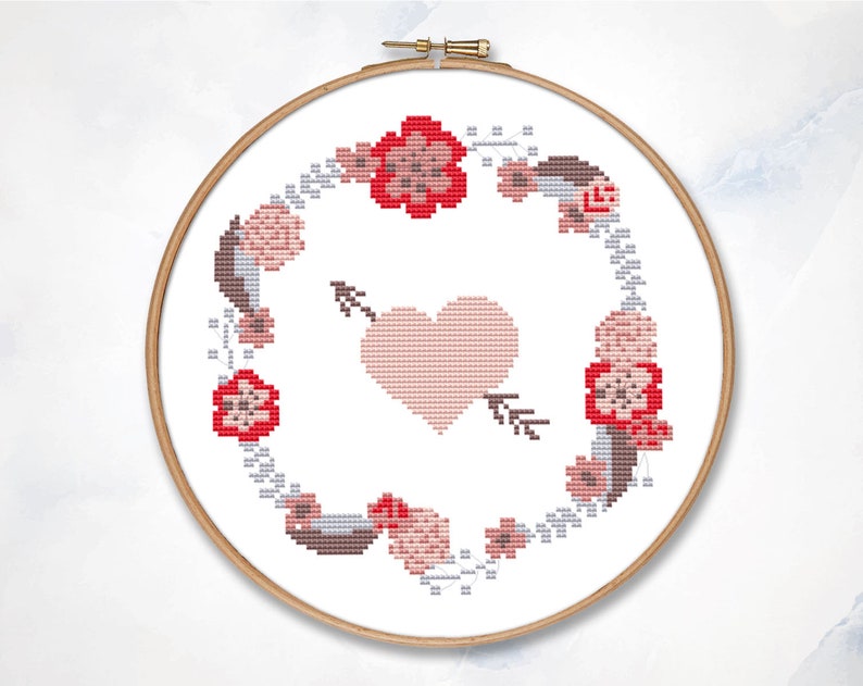 Download Valentine flower wreath with arrow and heart cross stitch ...