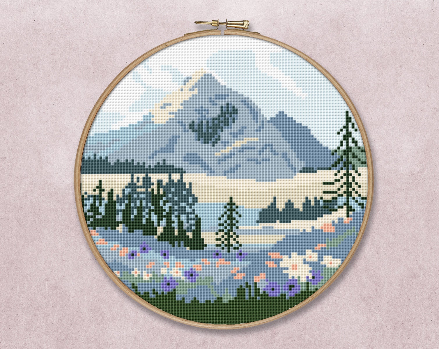 Spring mountain cross stitch pattern PDF modern nature | Etsy