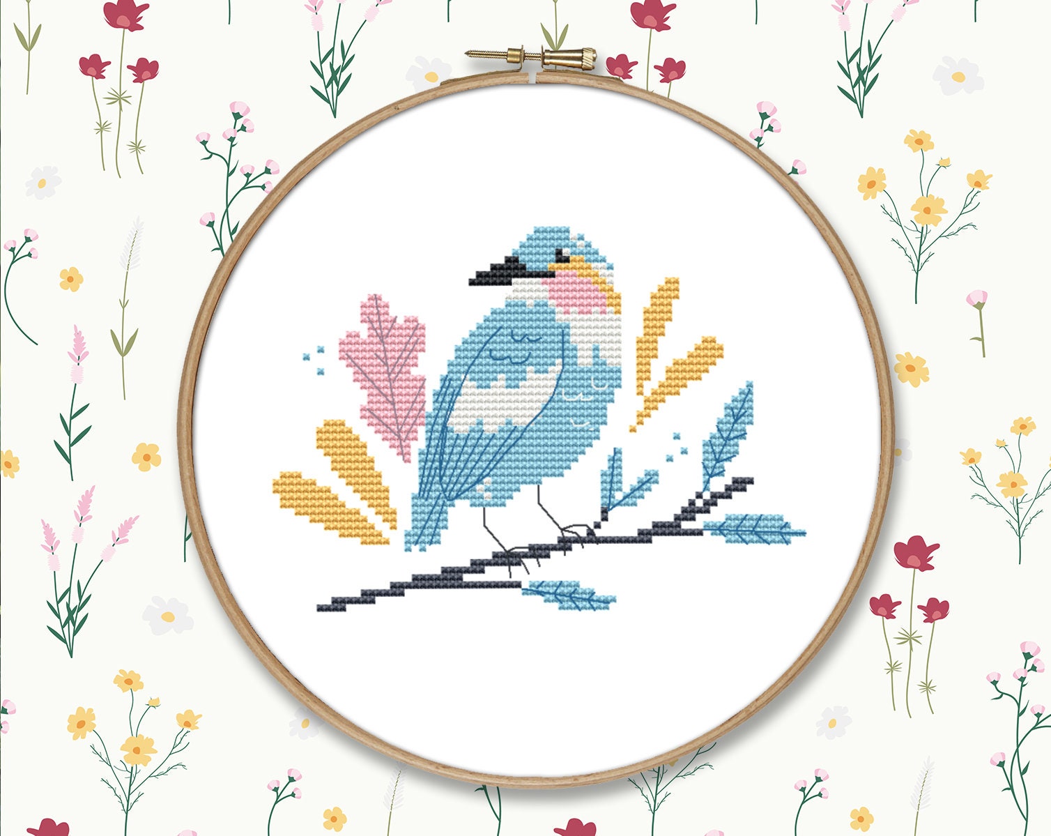 Blue bird cross stitch pattern PDF folk easy small embroidery Etsy