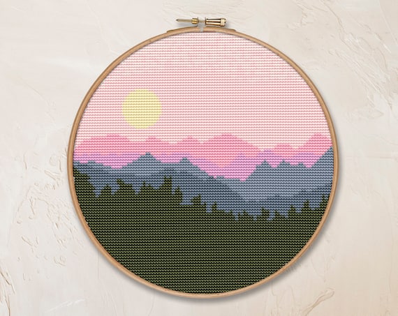 Cross Stitch Chart  Pattern Autumn Mountain Sunset 
