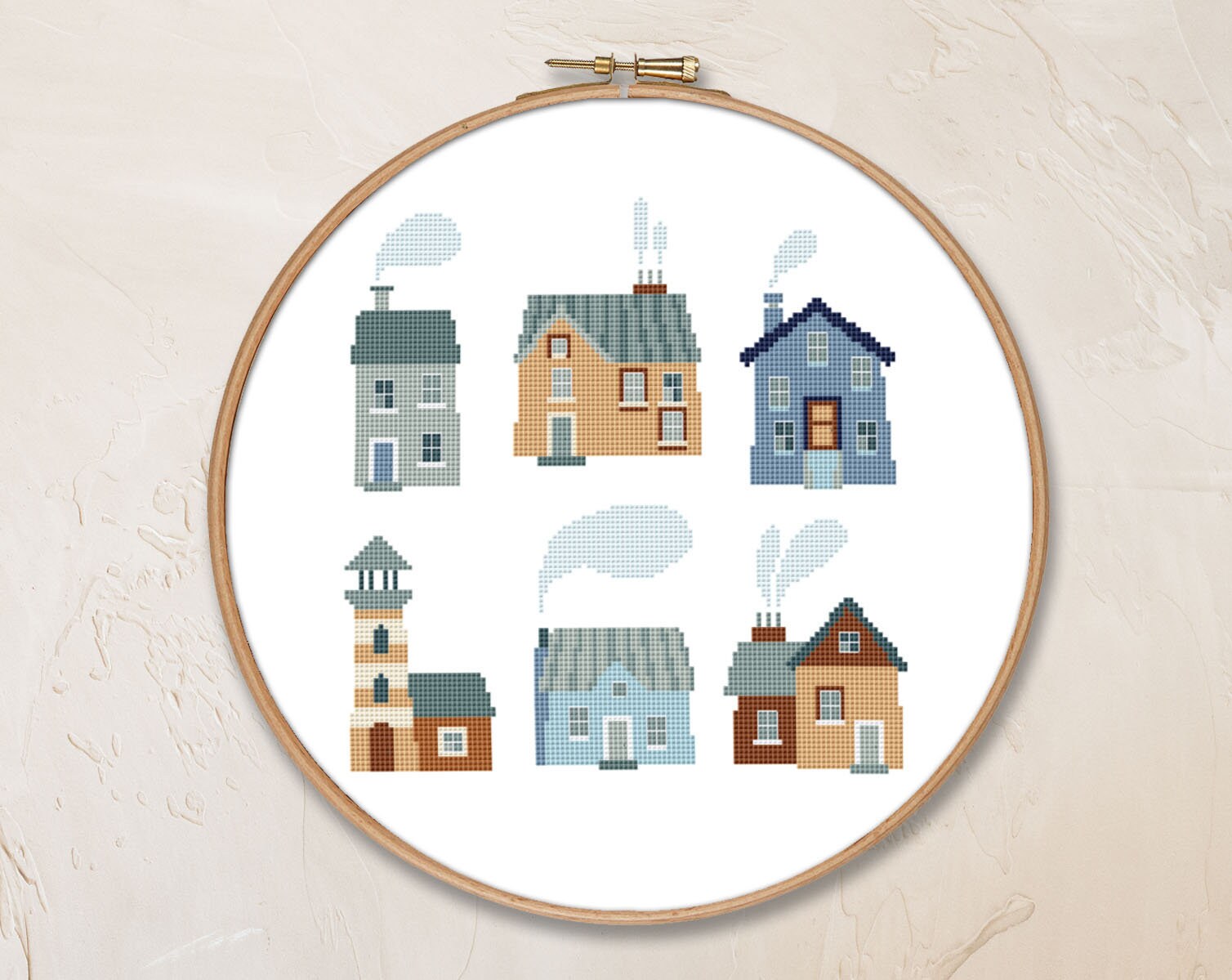 Set of houses counted cross stitch pattern PDF modern village | Etsy