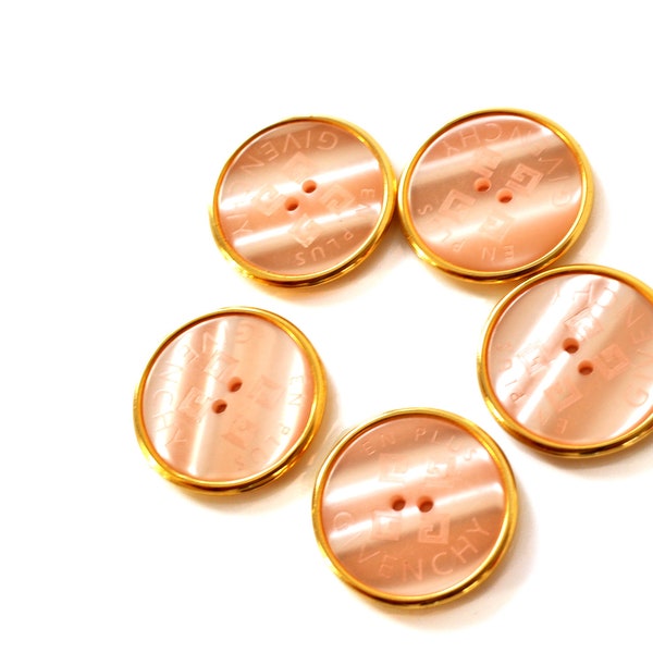 Givenchy Paris - lot de 5 boutons couture en nacre rose et doré, avec logo vintage