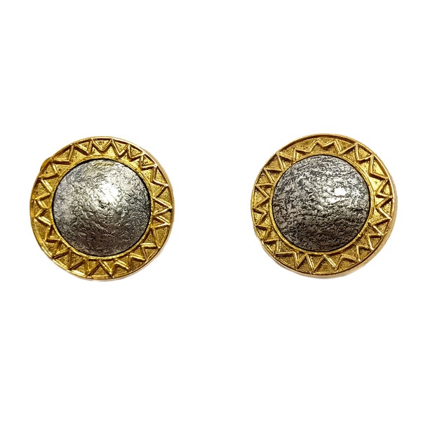 ORENA Paris - 1980s Round Clip-On Earrings in Matte Gold and Crinkled Silver Metal