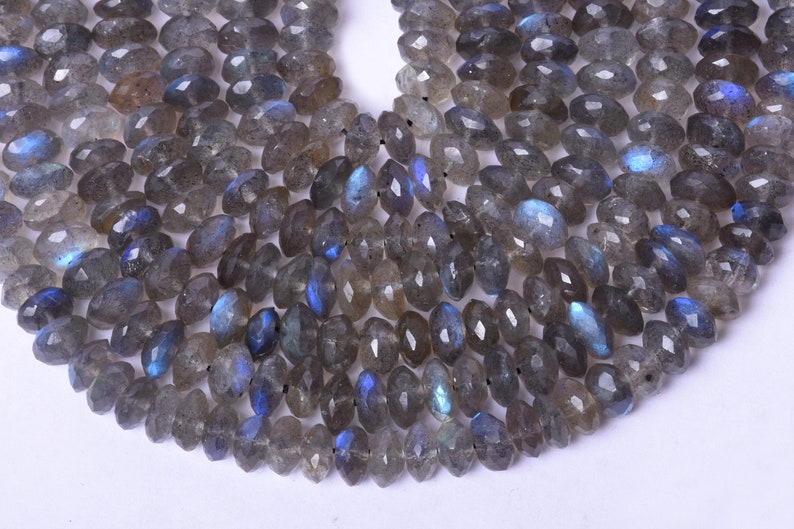 Natural Labradorite With Blue Fire Center Drilled Faceted Roundel Shape Beads 10 Inch Long String Labradorite German Roundel Shape Beads