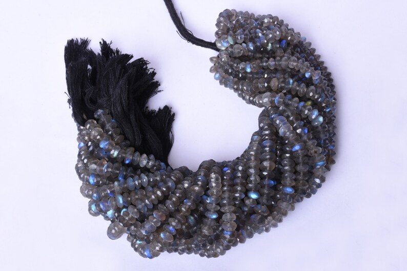 Natural Labradorite With Blue Fire Center Drilled Faceted Roundel Shape Beads 10 Inch Long String Labradorite German Roundel Shape Beads