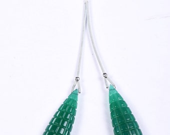 Carved Green Onyx Pear Earring Pair: AAA Quality, 11 x 38 MM