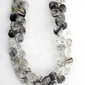 Black Rutile Quartz Heart Beads: Faceted Briolette, 7mm, 6 Inch Strand