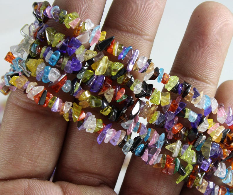 Multi Colour Cubic Zircon Stone Uncut Chips 2 Strands Rainbow Colour CZ Uncut Chips Zircon Uncut Chips 17 Inch Long String Free Shipping