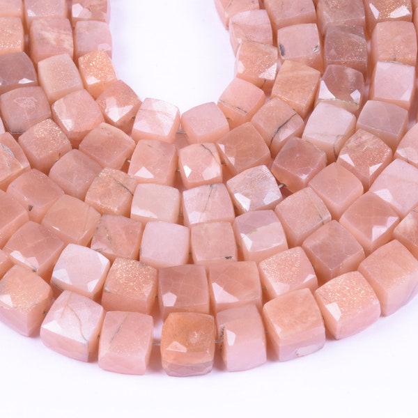 Peach Moonstone Faceted Cube Briolette, Box Shape Beads, Size - 6.5 To 7 MM, Length - 8 Inch Long String, Moonstone For Jewellery Making