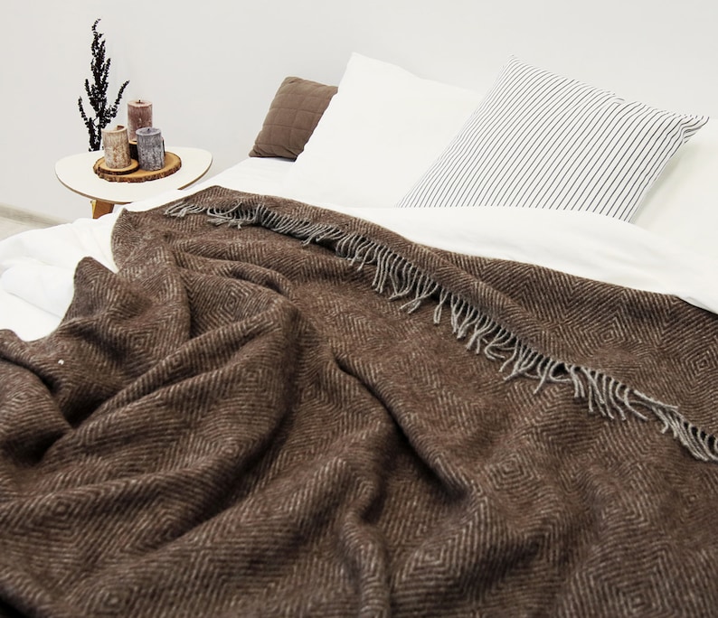 Dark brown natural wool blanket. Sheep wool throw blanket. Etsy