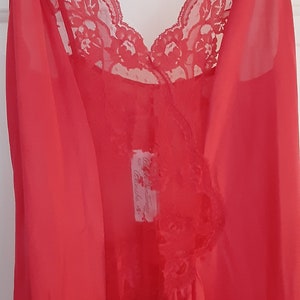 Vintage 1980's Nightgown, Ralph Montenero For Blanche, in Red. Gorgeous sheer lacy insert in bodice, high side slit for extra pizazz. Small