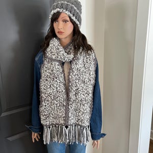 Crochet Hat and Scarf, Crocheted Hat and Scarf, Soft Scarf and Hat set. Gray and Creamy Hat and Scarf