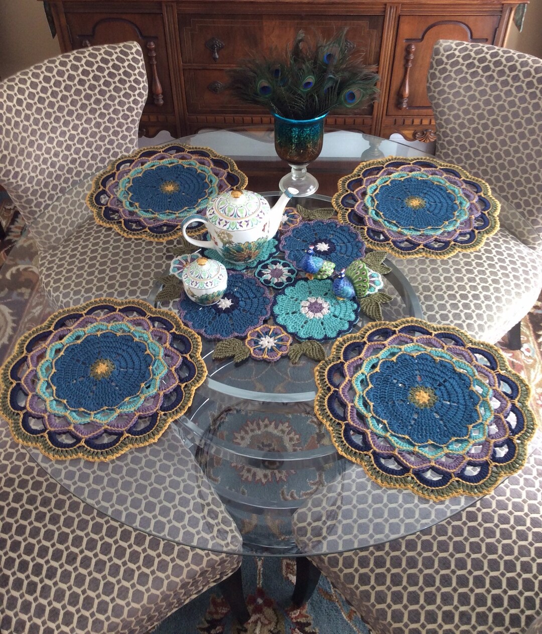 Peacock Placemats, Round Crocheted Placemats, Crocheted Mandala