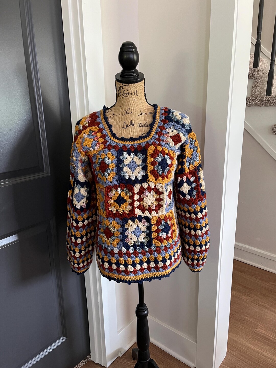 Handmade Multicolour Crochet Purple Grey Blue Granny Square Boxy Boho Sweater L