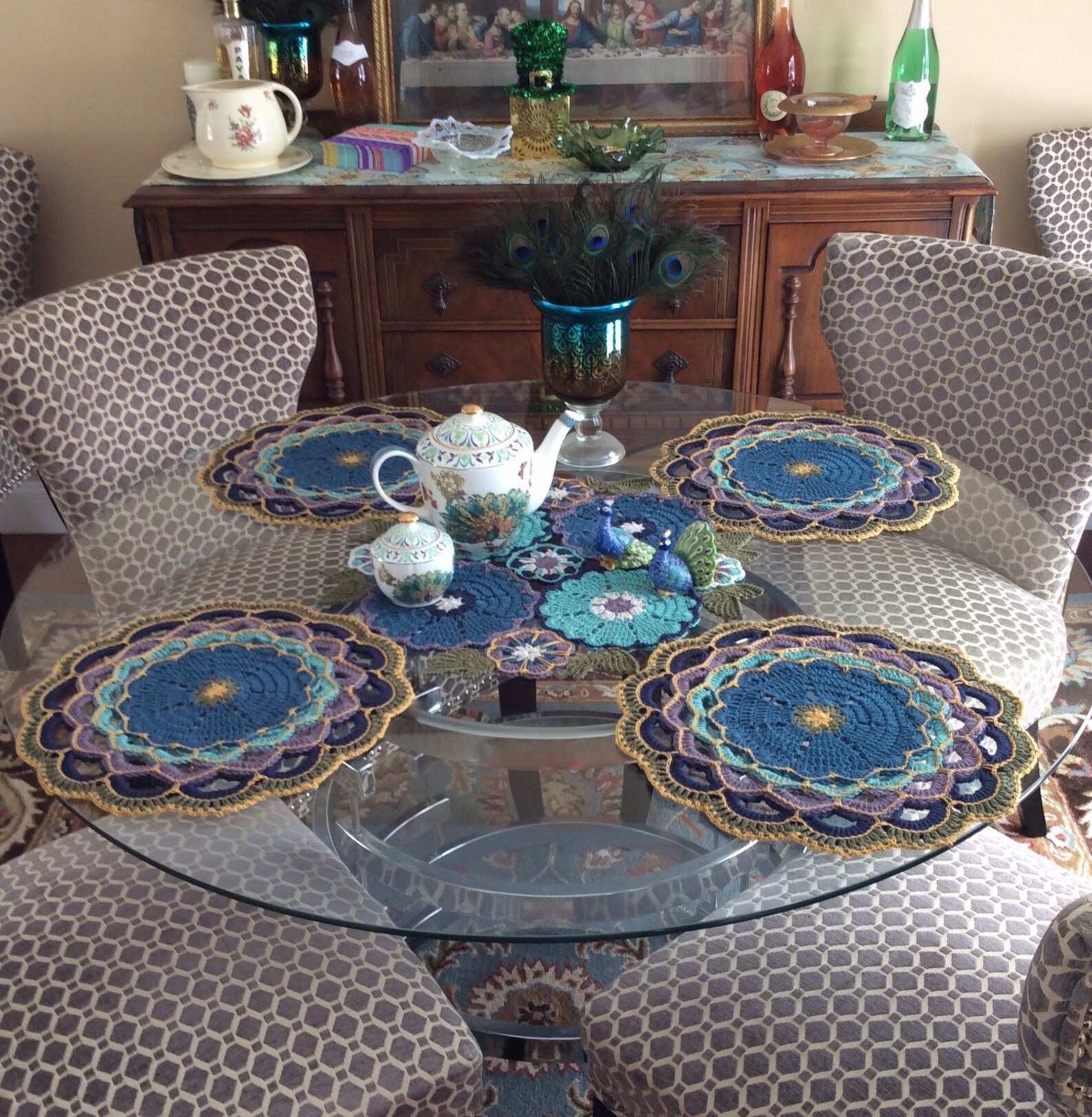 Peacock Placemats Round Crocheted Placemats Crocheted Etsy