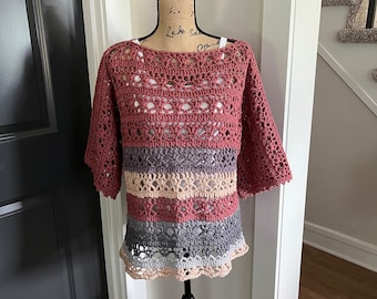 Women’s Crocheted Summer Cotton Sweater, Lacey Striped Tunic, Hand Crocheted Cotton Top, One Of A Kind Handmade Wearable