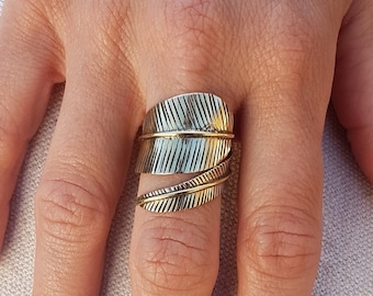 wrap feather ring adjustable leaf ring silver.engraved ring knuckle bohemian ring ethnic ring boho.mom gift for women