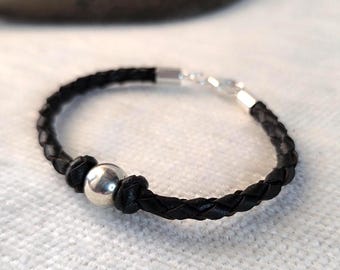 Sterling silver and black leather beaded mens bracelet for couples.Dainty 925 silver and leather bracelet for women.Leather armband for men