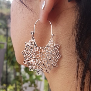mandala earrings flower earrings geometric jewelry.silver hoop earrings dainty bohemian earrings large bali hoops.mom gift for women
