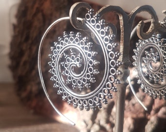 Spiral silver hoops earrings African jewelry bohemian earrings.boho jewelry mandala earrings spiral dangle earrings.ethnic jewelry mom gift