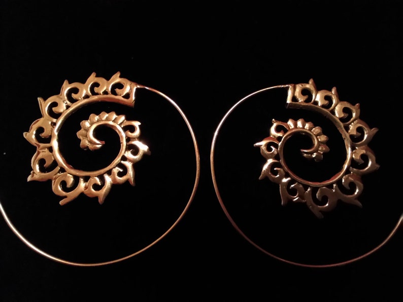 Spiral gold hoops earrings tribal earrings.Ethnic jewelry boho earrings gold creole earrings gypsy jewelry.trendy earrings festival jewelry