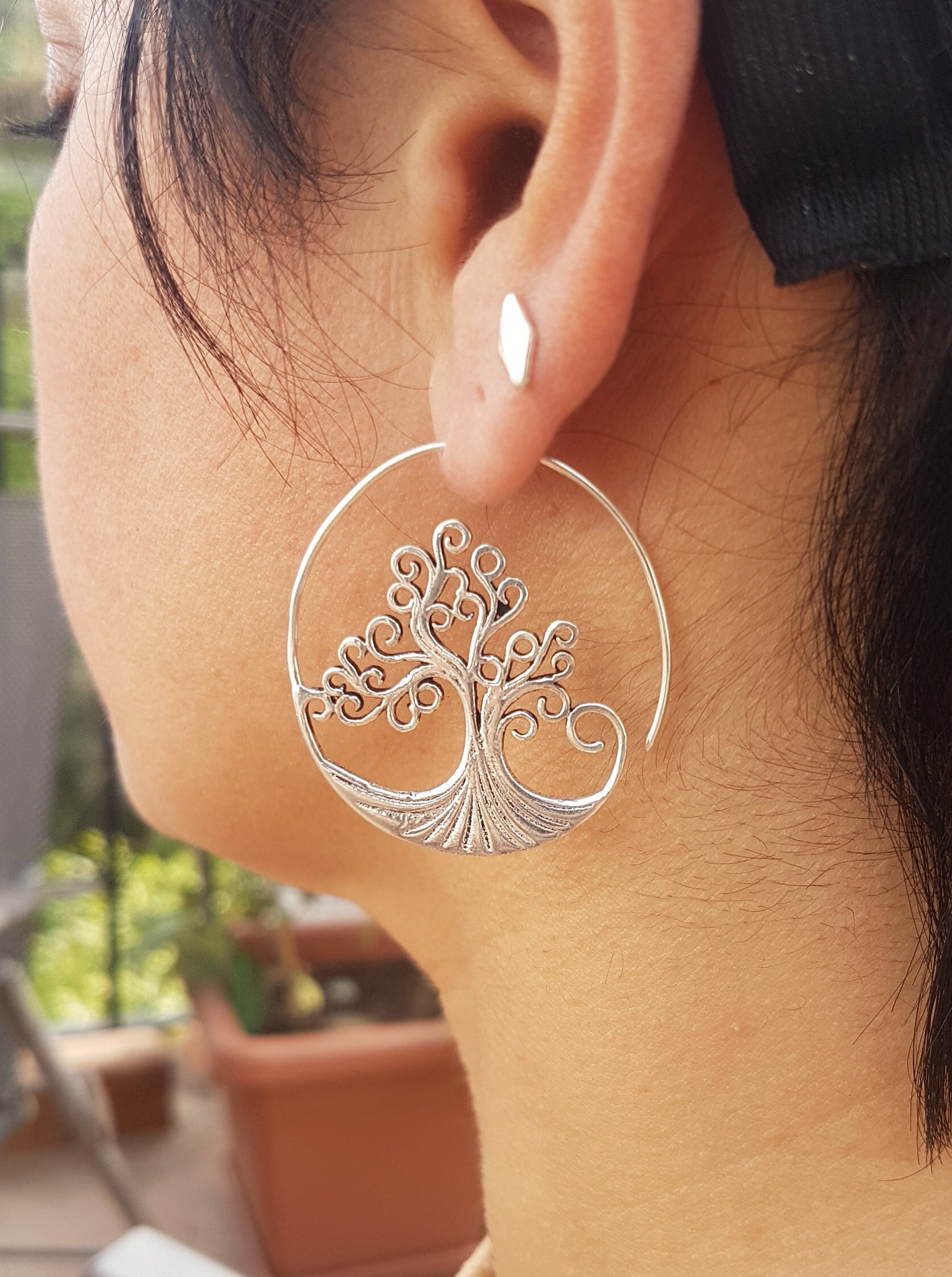 Tree of Life Earrings Silver Hoops Minimalist Earrings.yoga
