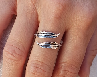 silver adjustable ring leaf ring feather ring wrap ring.engraved ring thumb ring knuckle ring dainty ring boho.mom gift for women