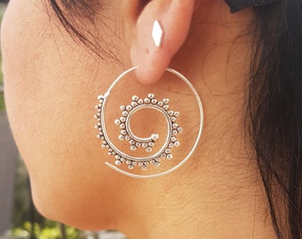 Tribal earrings silver hoop earrings Boho earrings spiral earrings dainty earrings bohemian jewelry geometric earrings ethnic.gift for mom