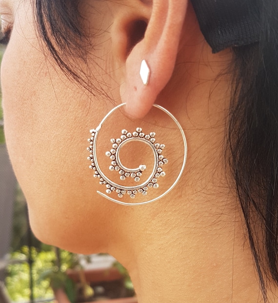 Tribal Earrings Silver Hoop Earrings Boho Earrings Spiral Earrings