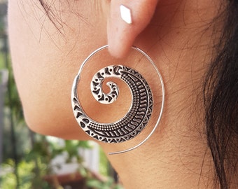 silver spiral hoop earrings tribal.african earrings bohemian jewelry boho bali hoops.mom gift for women