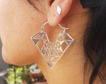 tribal earrings silver earrings goth dangle earrings dainty geometric earrings triangle earrings ethnic jewelry boho earrings.mom gift her