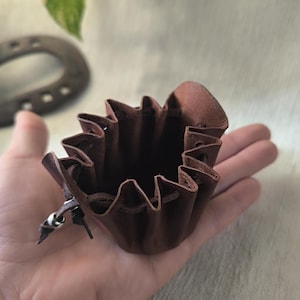 K&ouml;nnte beinhalten: Ein kleiner, brauner Lederbeutel mit Kordelzugverschluss. Der Beutel hat einen ger&uuml;schten oberen Rand und einen silberfarbenen Metallakzent. Der Beutel wird in einer Hand gehalten, um seine Gr&ouml;&szlig;e und Textur zu zeigen. Der Hintergrund umfasst ein Hufeisen und Laub.