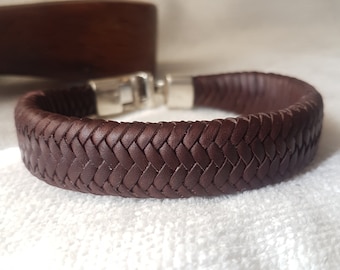 pulsera plata 925 pulsera cuero tranzada.sterling silver leather bracelet for mens gift.braided leather bracelet for couples.