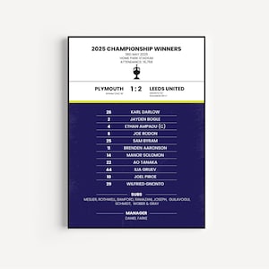 Leeds United 2025 Championship Winners Champions Art Poster Print