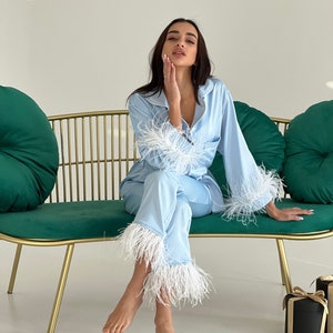 Holiday Pajamas Women for Wedding Bride Getting Ready sky Blue