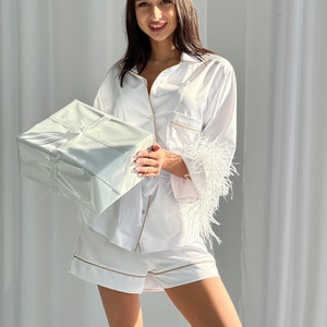 White feather satin pajamas set Getting ready outfit Bridal's morning costume Bachelorette outfit bride pajamas set image 1
