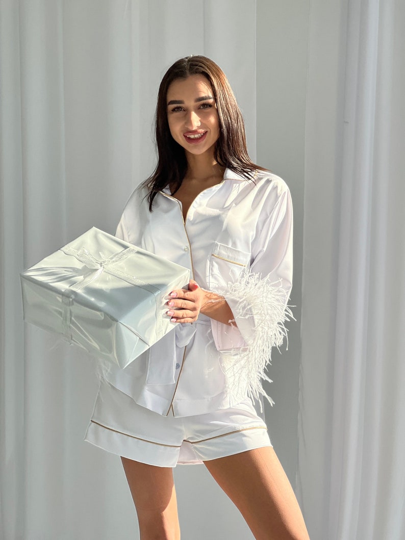 White feather satin pajamas set Getting ready outfit Bridal's morning costume Bachelorette outfit bride pajamas set image 1