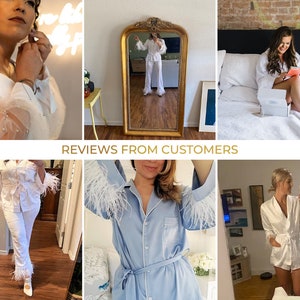 May include: A collection of images showcasing different styles of white and blue satin pajamas with feather trim on the sleeves. The pajamas feature a relaxed fit and a classic button-up design. The images show the pajamas being worn by different people in various settings, including a bedroom, a bathroom, and a living room.