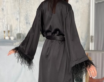 Feather Trim Satin Robe: Black Bridal Party Dressing Gown