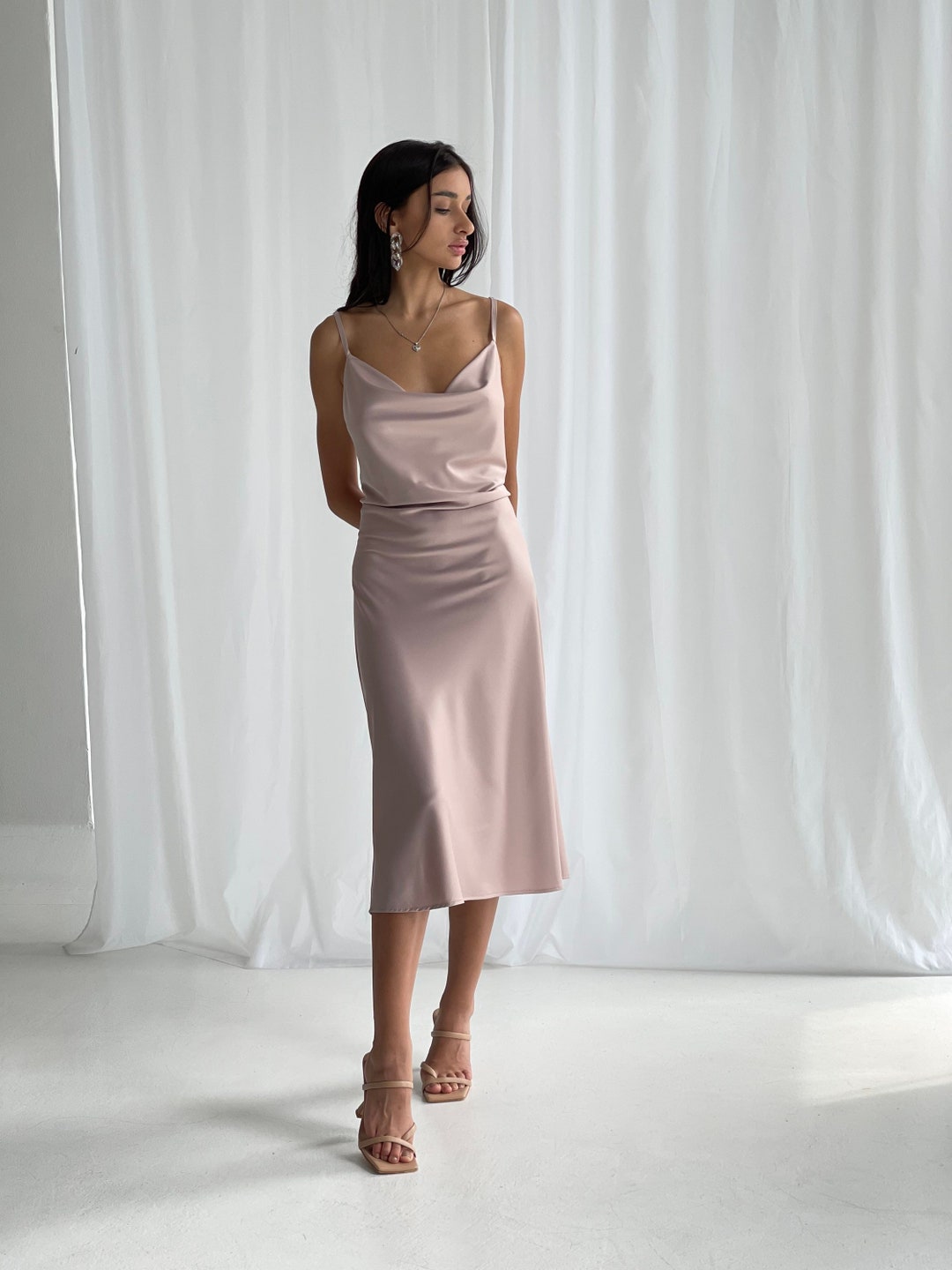 Actualee Women's Satin Long Dress Beige