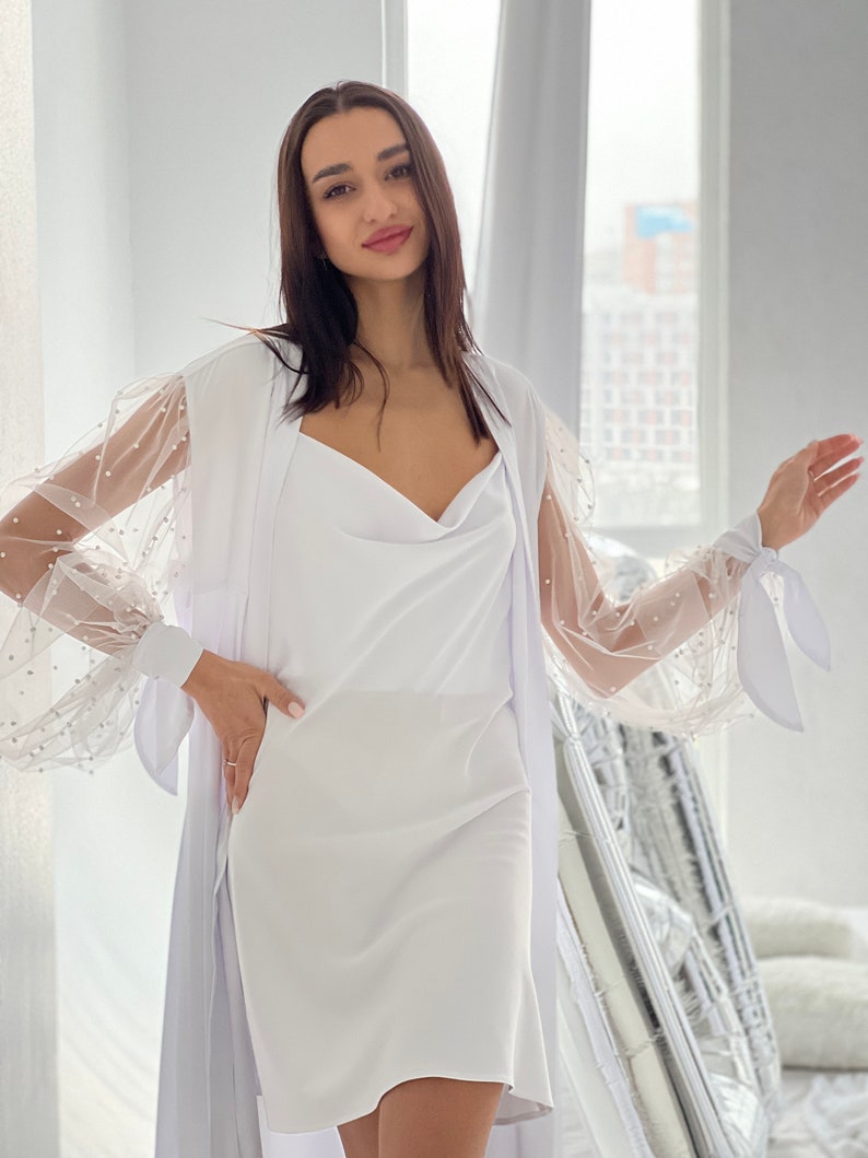 Wedding day robe and nightgown set for bride with sheer pearl sleeves, Bridal robes for wedding parties, getting ready robe for wedding day image 2