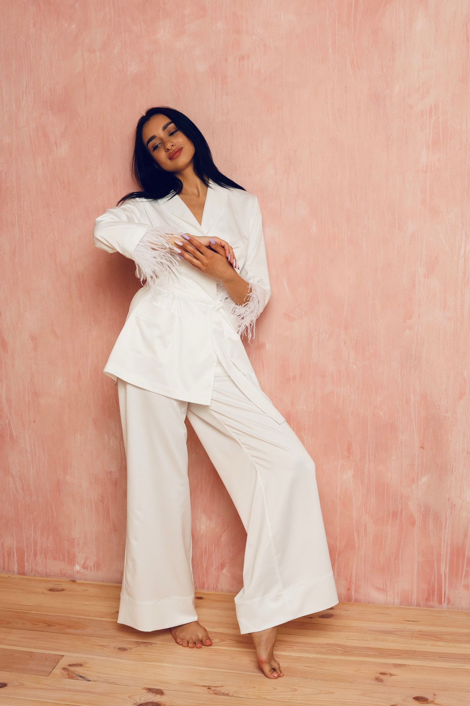 Bride Pajamas With Feather Bridal Morning Costume Getting - Etsy