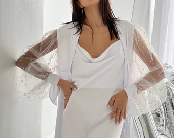 White Satin Bridal Robe Sheer Pearl Sleeves Wedding Lingerie