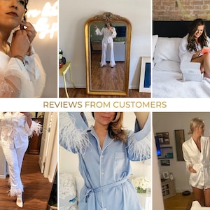 May include: A collection of images showcasing different styles of white and blue satin pajamas with feather trim on the sleeves. The pajamas feature a relaxed fit and a classic button-up design. The images show the pajamas being worn by different people in various settings, including a bedroom, a bathroom, and a living room.