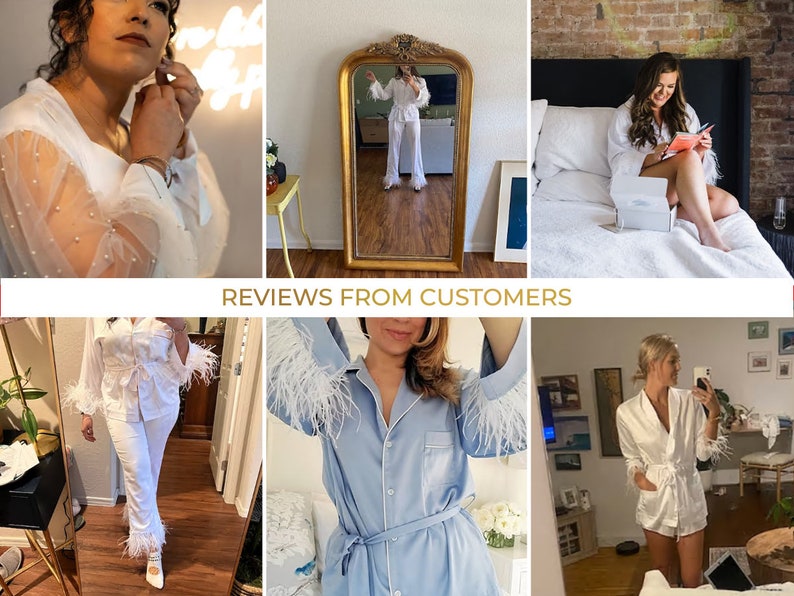 May include: A collection of images showcasing different styles of white and blue satin pajamas with feather trim on the sleeves. The pajamas feature a relaxed fit and a classic button-up design. The images show the pajamas being worn by different people in various settings, including a bedroom, a bathroom, and a living room.
