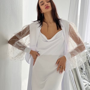 Wedding day robe and nightgown set for bride with sheer pearl sleeves, Bridal robes for wedding parties, getting ready robe for wedding day image 3