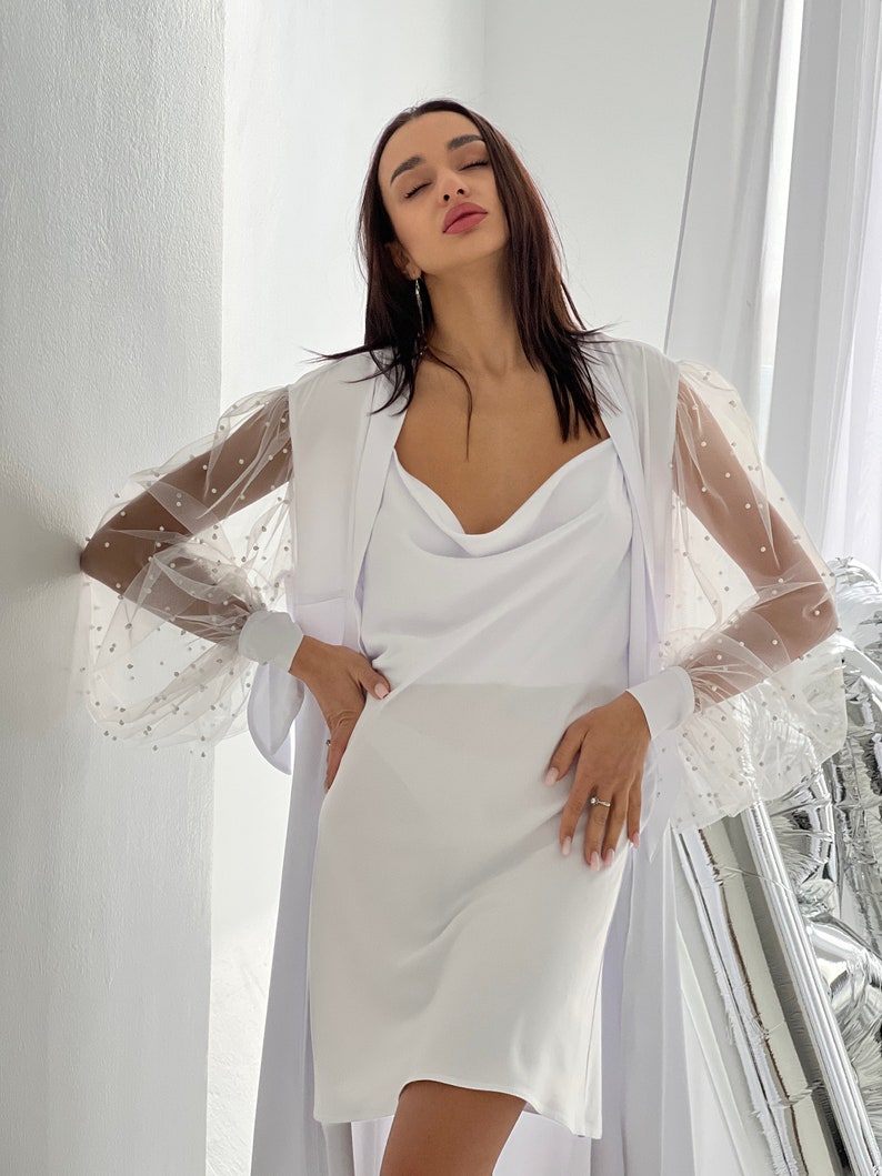 Wedding day robe and nightgown set for bride with sheer pearl sleeves, Bridal robes for wedding parties, getting ready robe for wedding day image 3