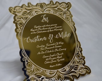 Gold Spiegel Acryl Hochzeitseinladung: Kunstvoller Goldakzent